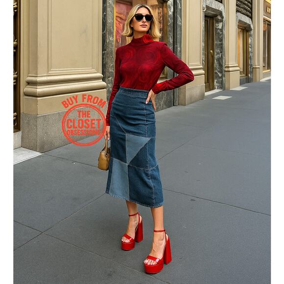 MANGO Patchwork Denim Midi Skirt NWT | Blue Cotton A-Line - Picture 2 of 16